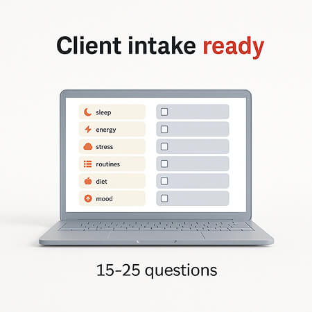Client intake ready thumbnail showing intake form categories and “15–25 questions” on laptop for menopause coaches complete intake question generator AI prompt