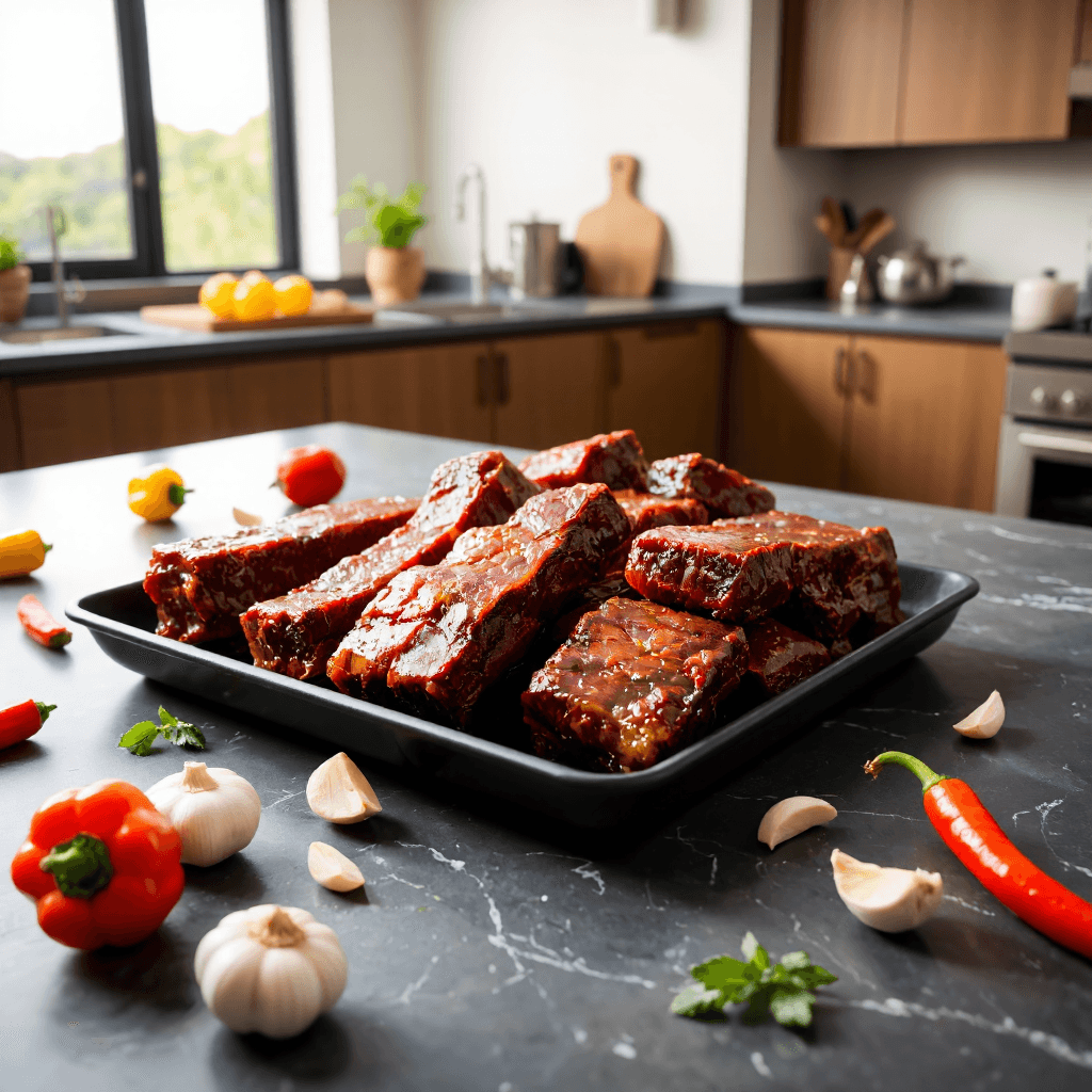 product photography of a tray of marinated beef short ribs