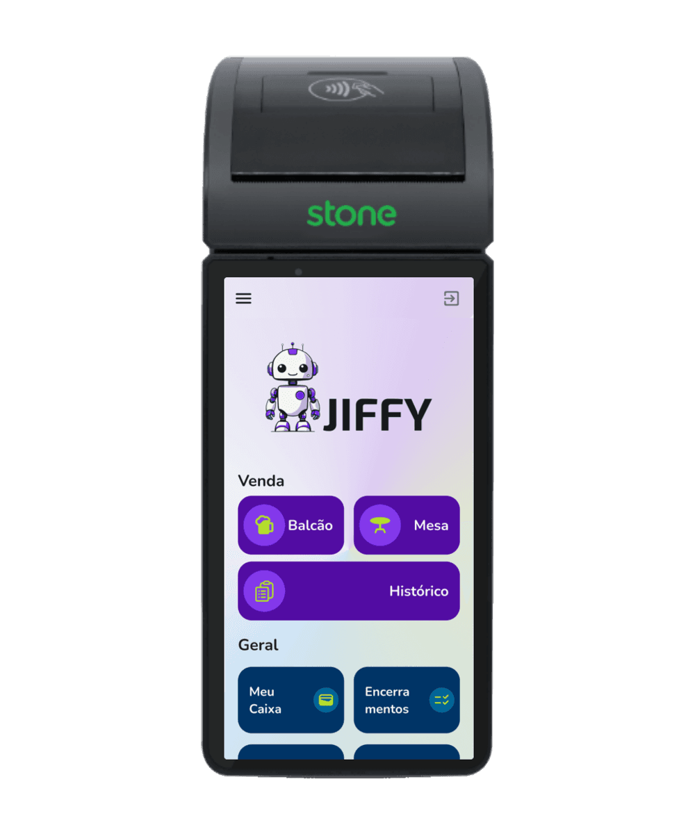 Maquininha Stone GPOS700X com o Jiffy na tela
