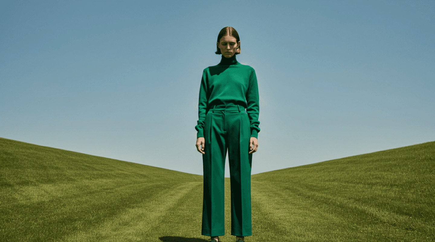 A person dressed in a matching green turtleneck and trousers, standing on a wide grassy hill under a clear blue sky, with a symmetrical and minimalist composition.