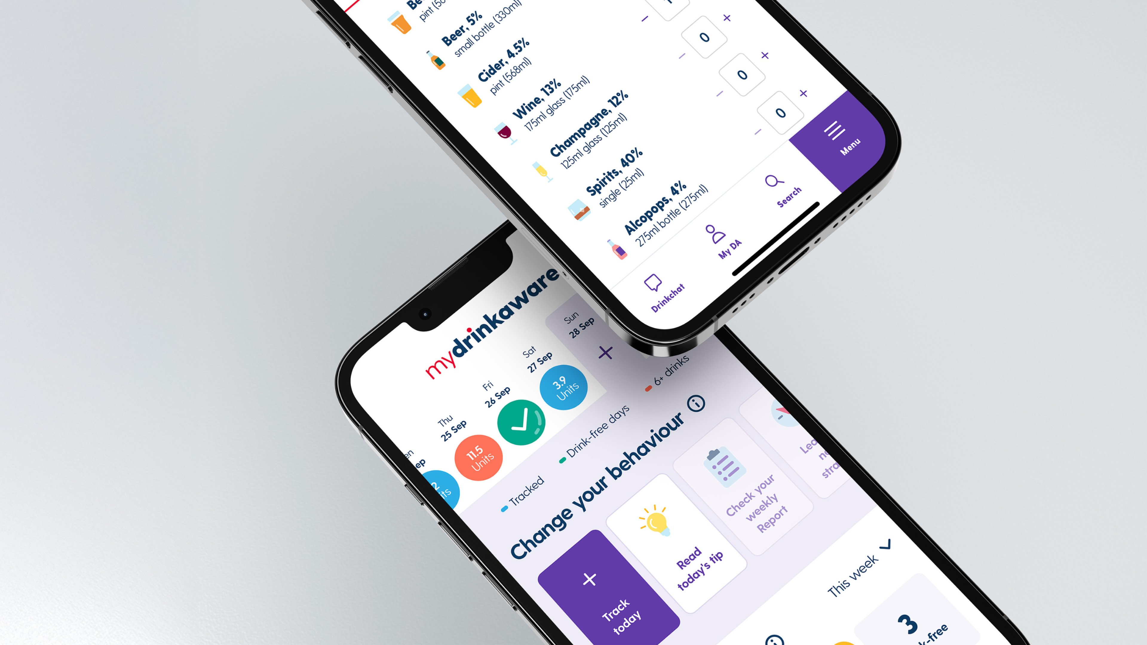 MyDrinkaware app UI/UX design showcasing a mobile dashboard view and a detailed drink tracking input screen on two smartphones.