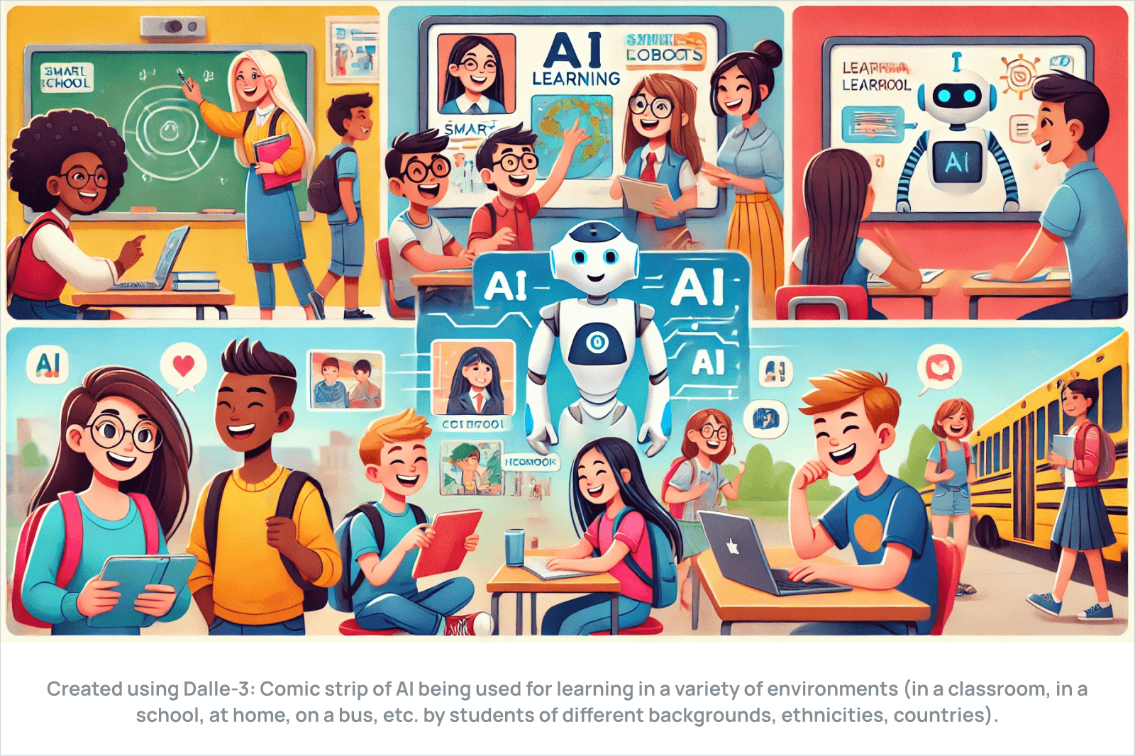 Created using Dalle-3: Comic strip of AI being used for learning in a variety of environments (in a classroom, in a school, at home, on a bus, etc. by students of different backgrounds, ethnicities, countries).