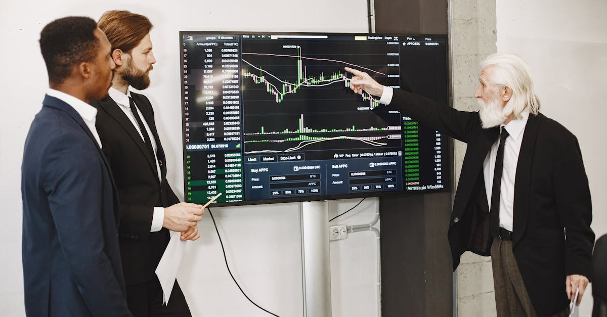A diverse business team in a meeting analyzing stock market data on a screen.