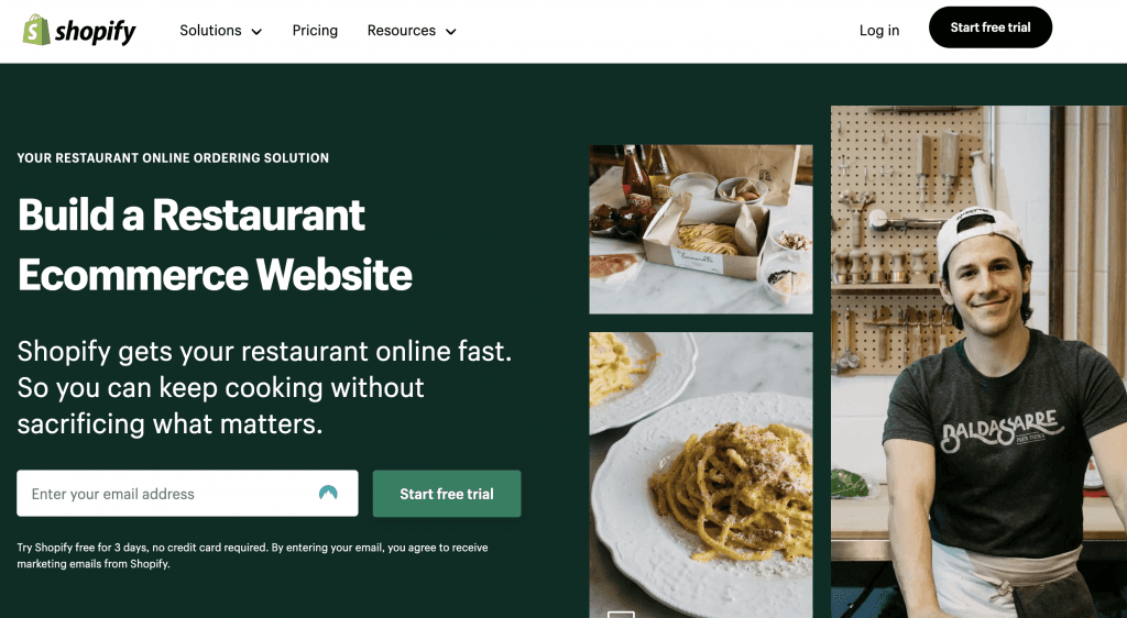 Shopify landing page 'Build a Restaurant Ecommerce Website' with food photos and a chef