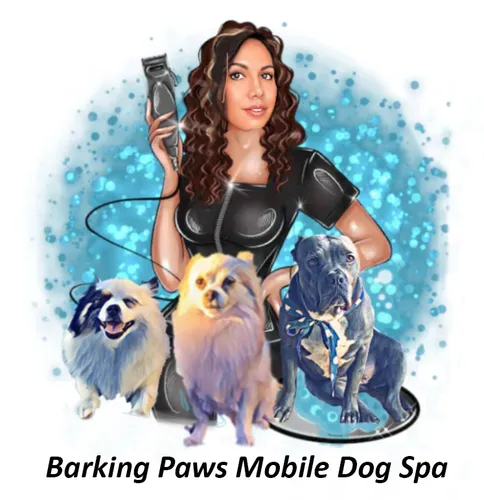 Barking Paws Mobile Dog Spa paint graphic of groomer and 3 dogs