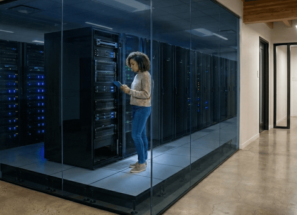 Man with a laptop walking to a store