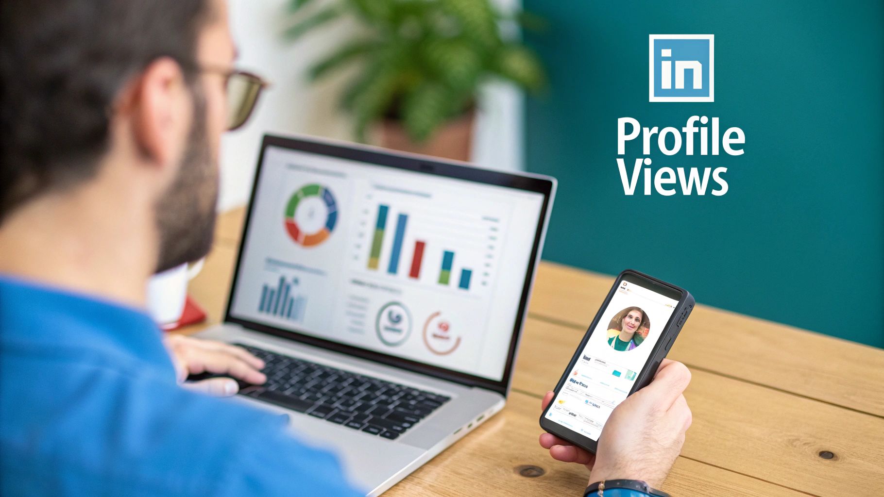 A man analyzes LinkedIn profile view data on a laptop while holding a smartphone with a profile.