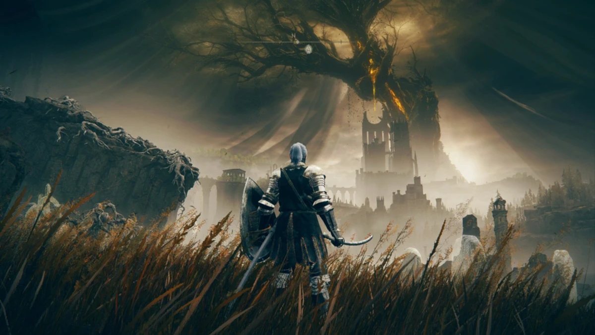 Fantasy game key art of a lone figure before a ruined castle