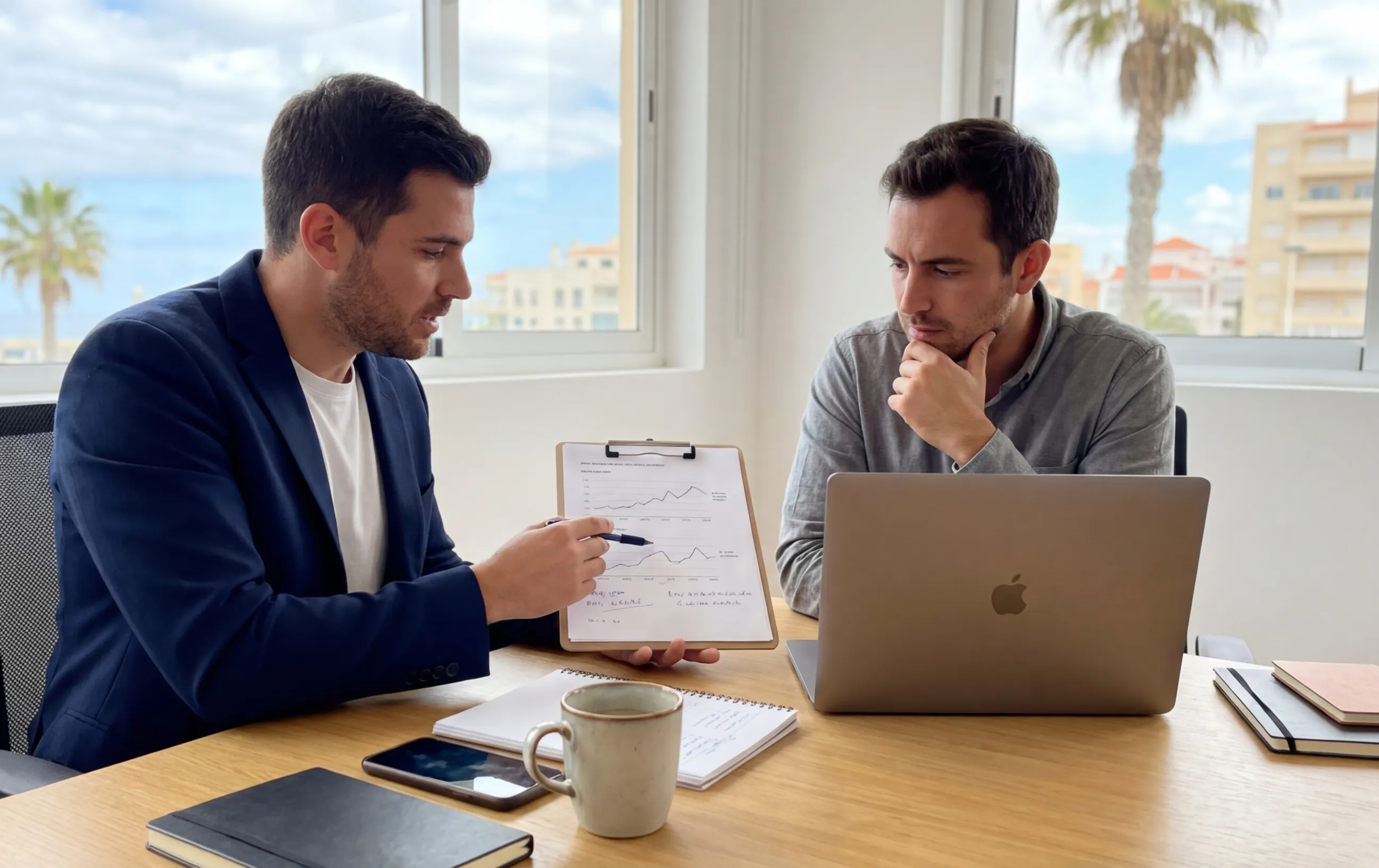 Two men discuss graphs at a desk, illustrating RockN' Socials' digital marketing.