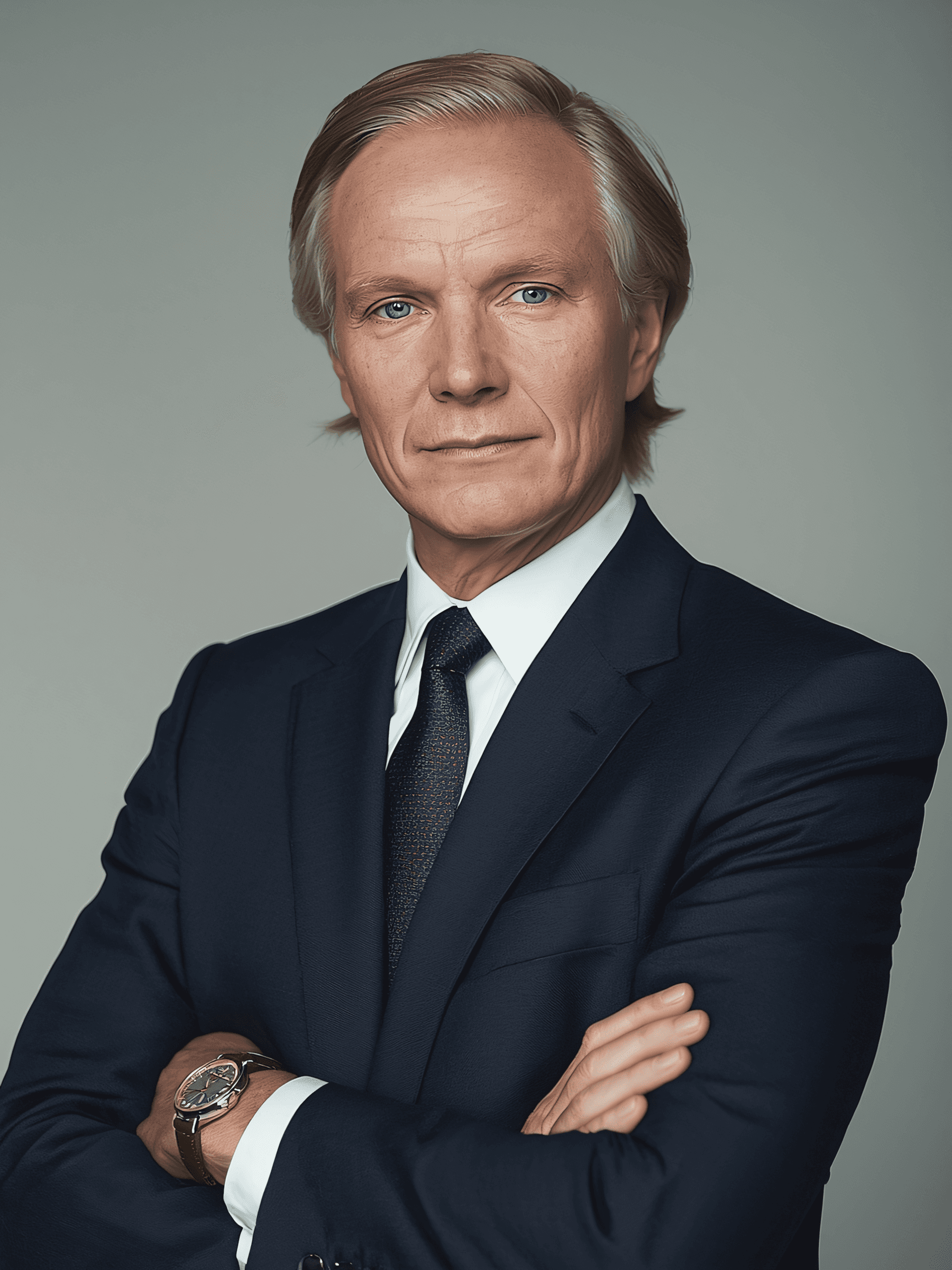 A man in a suit stands confidently with arms crossed, smiling slightly against a neutral background.