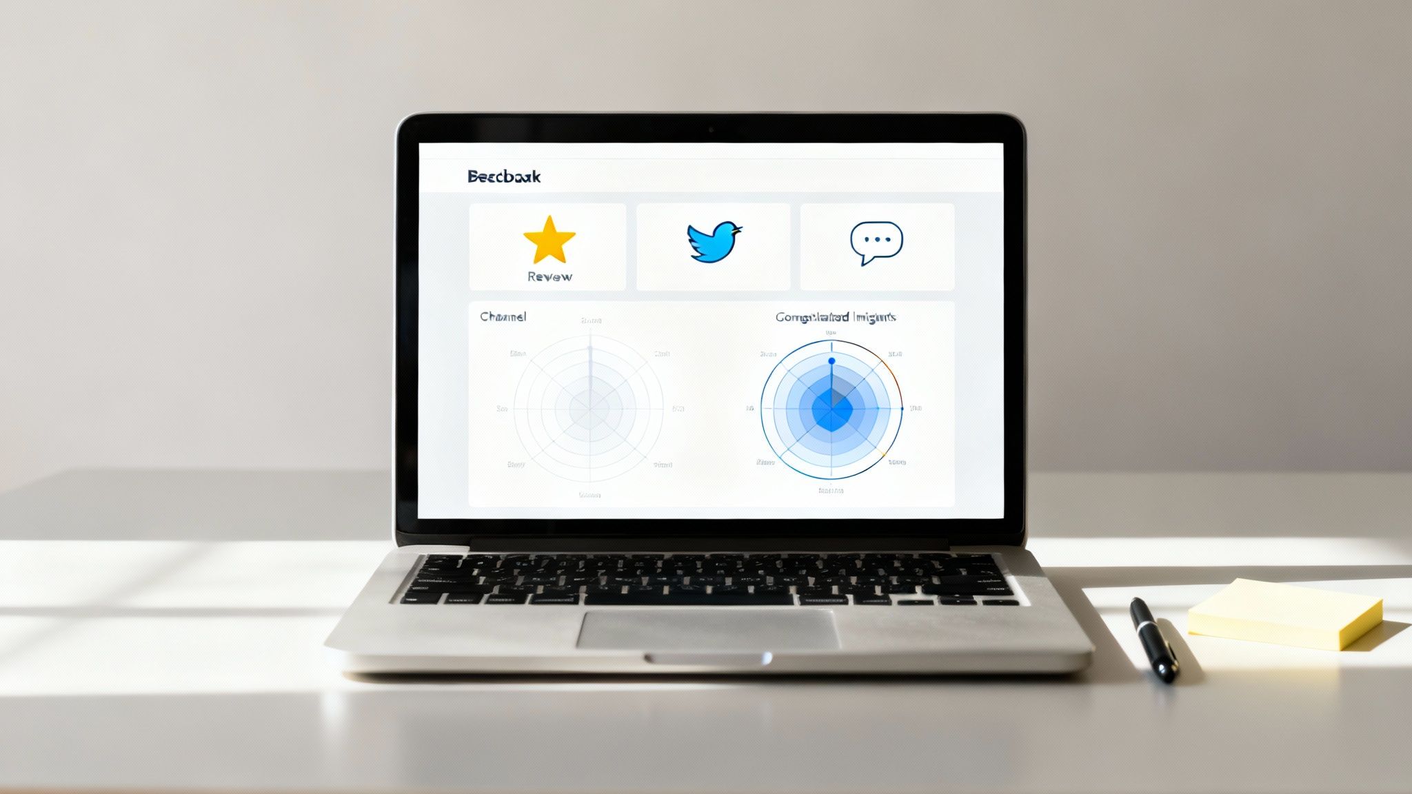 A unified dashboard showing customer feedback from multiple channels, with sentiment scores and trend charts.