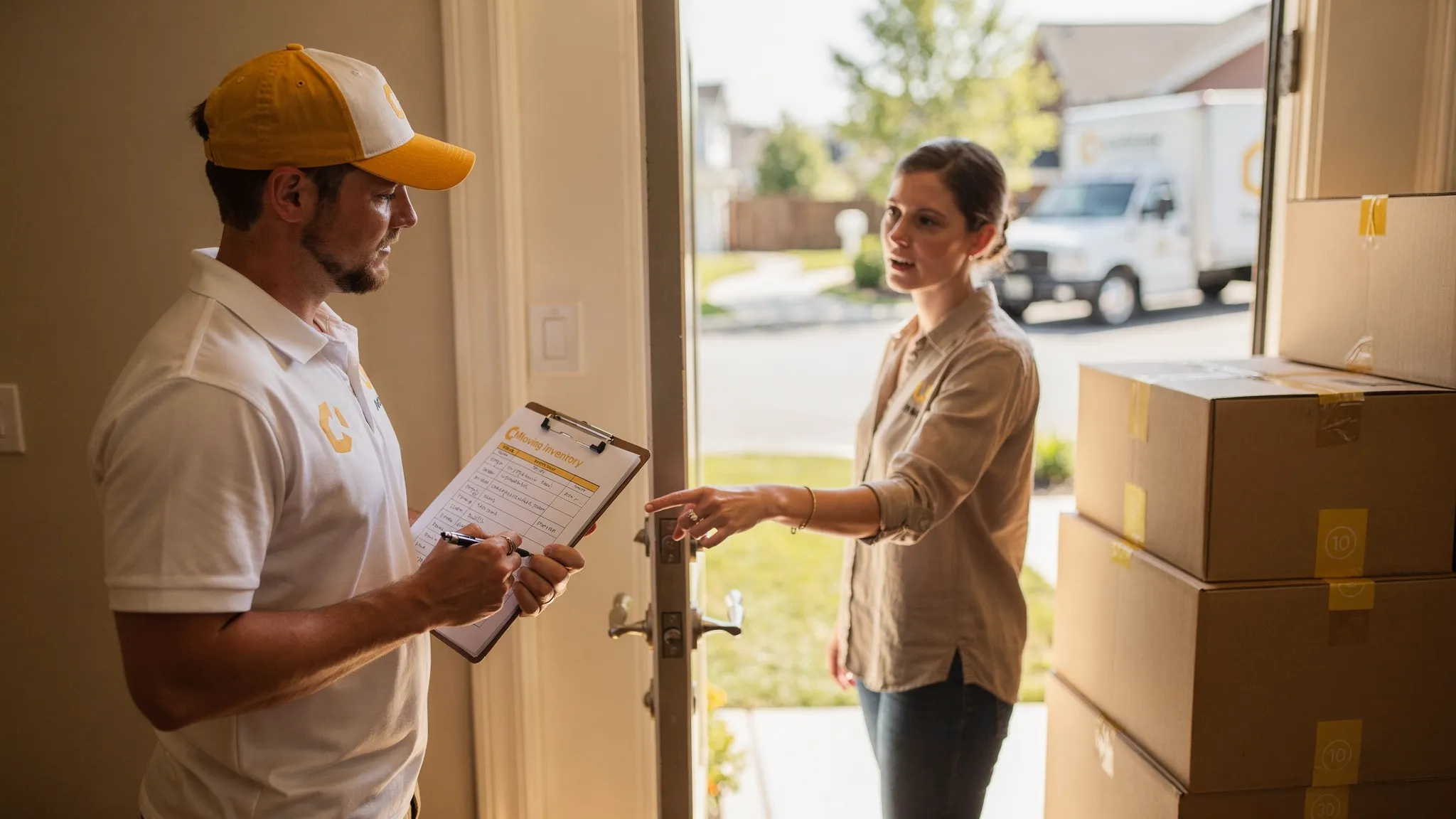 A professional moving crew lead and a customer doing an initial home walkthrough with a clipboard, confirming which items are moving, while a moving truck is parked outside and boxed items are staged near the entryway.