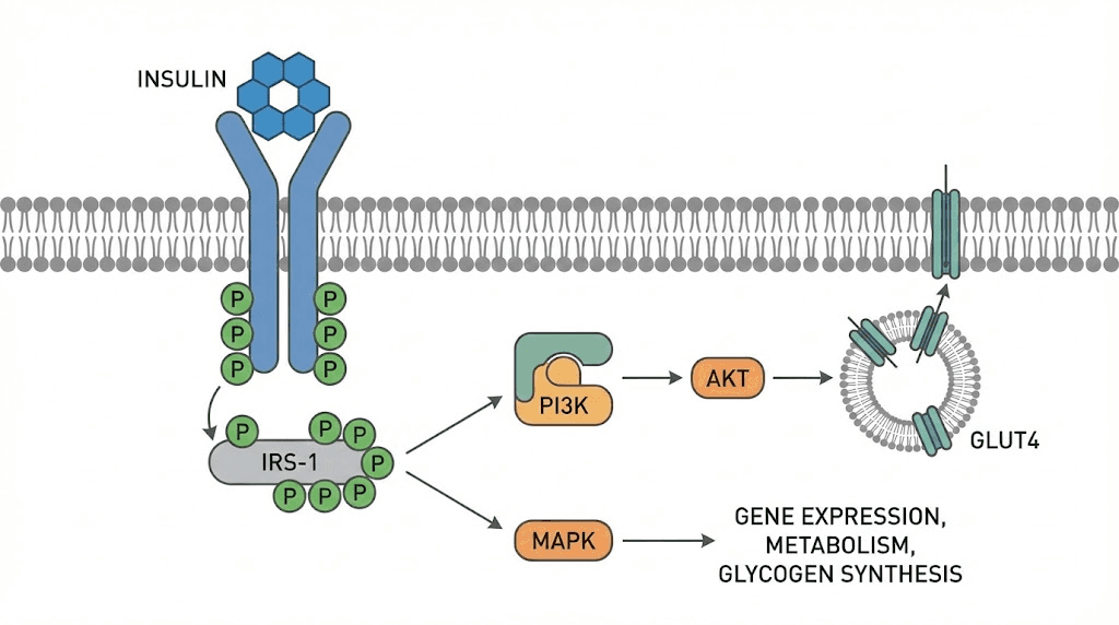 Insulin receptor signaling pathway and metabolic effects diagram