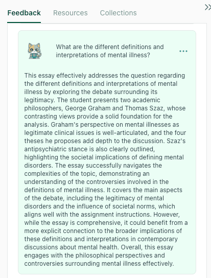 thesify Feedback view showing a structured paragraph of feedback on an academic response.