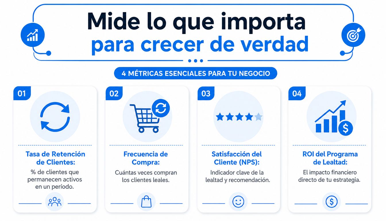 Gráfico que muestra cuatro métricas esenciales de negocio para medir la lealtad y el crecimiento de clientes.