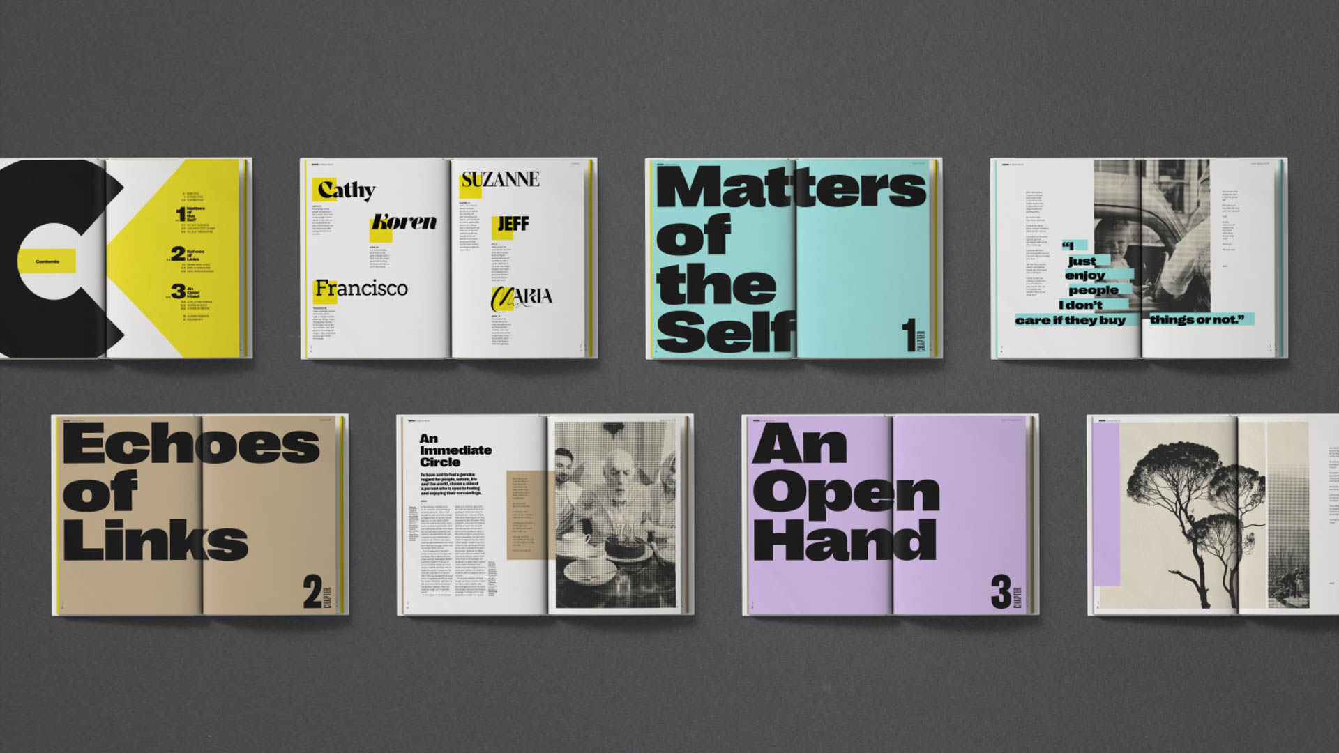 The image displays eight open books arranged in a 2x4 grid on a dark gray background. Each book showcases distinct typography and design elements. The top row includes “Echoes of Links” in black text on a light brown cover, “Matters of the Self” in teal, “An Open Hand” in lavender, and “Things are not” with a black and white tree illustration. The bottom row features “An Immediate Circle” in white text on a light brown cover, “An Open Hand” with black text on a lavender cover, and “Echoes of Links” in black text on a beige cover. Each book’s spine displays the title and page number.