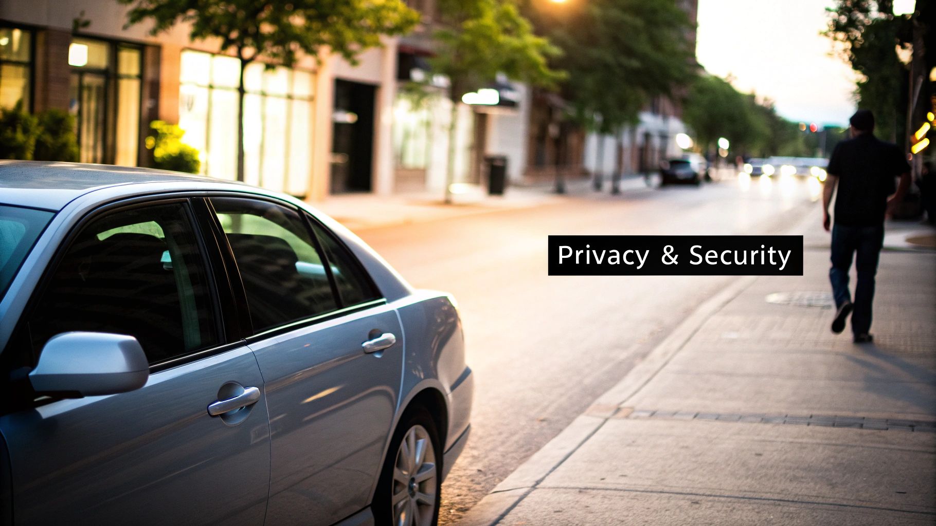 Side view of a silver car parked on a city street at sunset, with text 'Privacy & Security' overlaid.