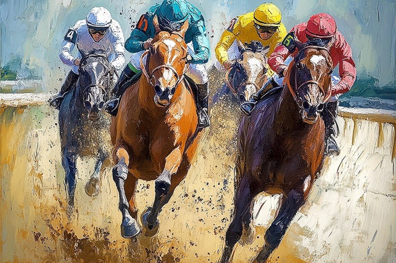  4 magnificent thoroughbreds thunder down the homestretch, locked in an intense battle as they charge toward the finish line