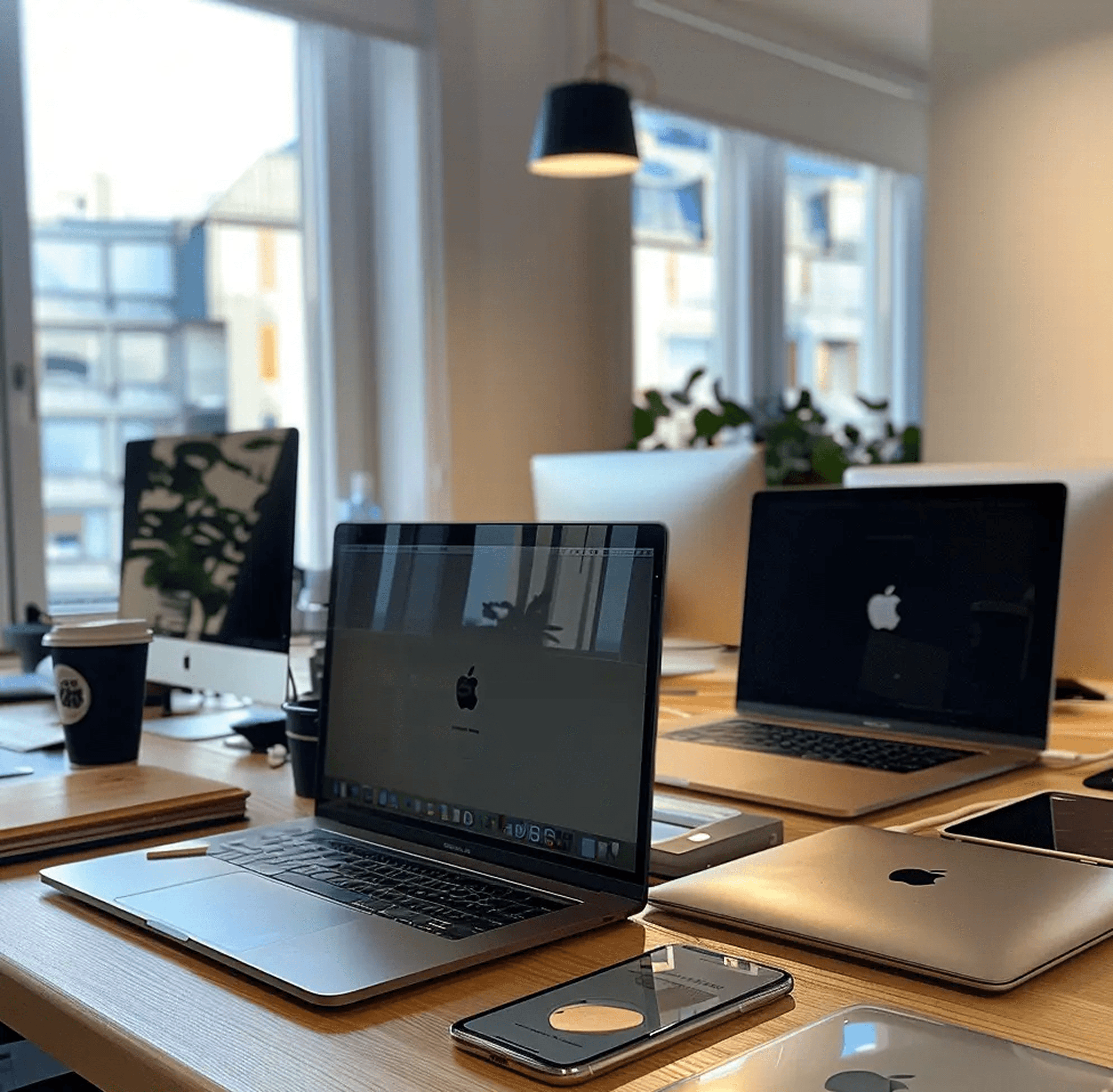 Several Apple laptops and iPhones sit on a light wooden desk in front of large windows. A coffee cup is also on the desk