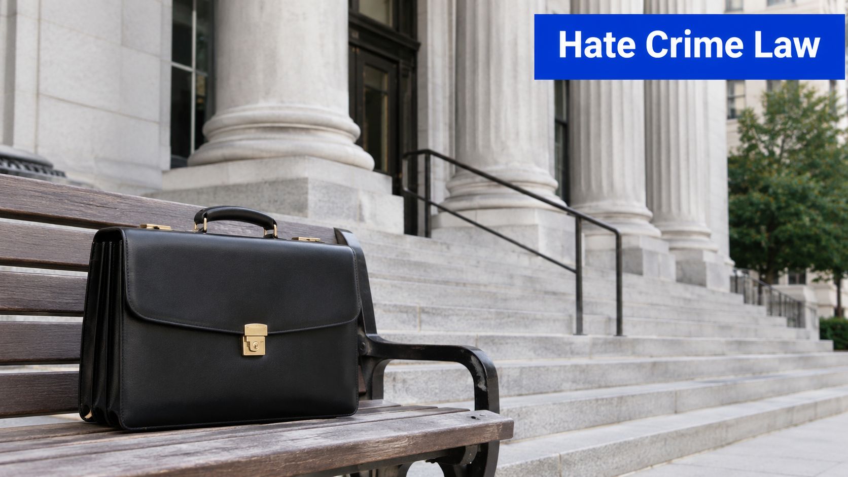 A black leather briefcase sitting on a wooden park bench in front of a government courthouse building.