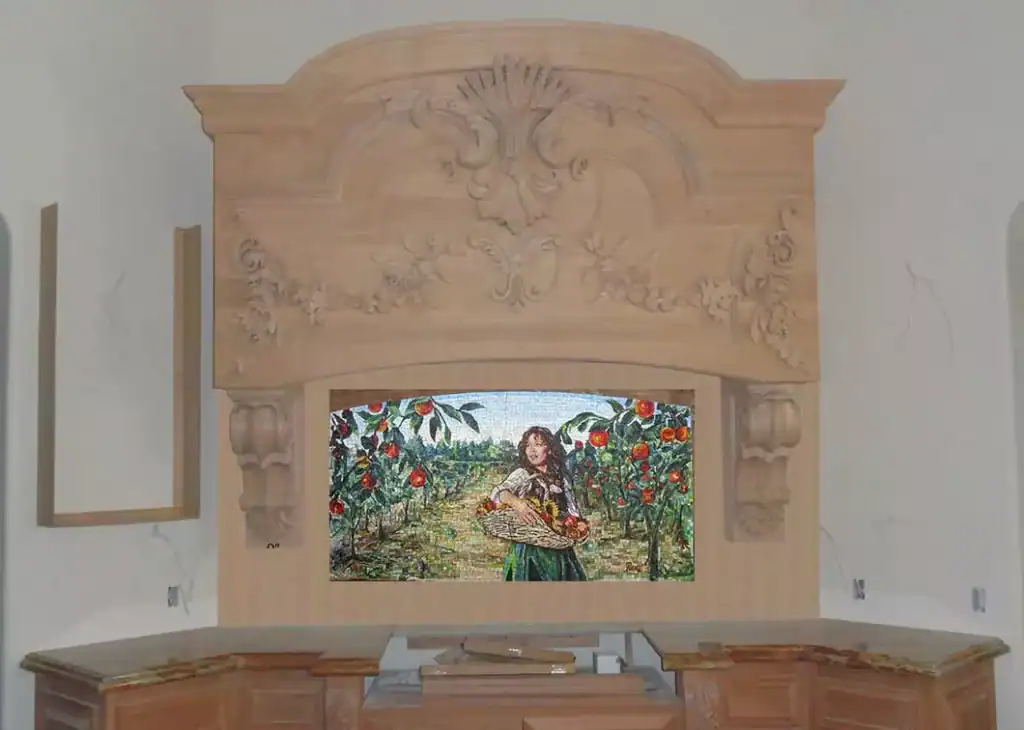 Mosaic backsplash mural featuring a walk in an orchard with a girl holding a basket of fruit.