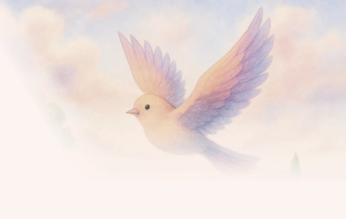 A soft, ethereal landscape featuring a large, graceful bird soaring through pastel clouds.