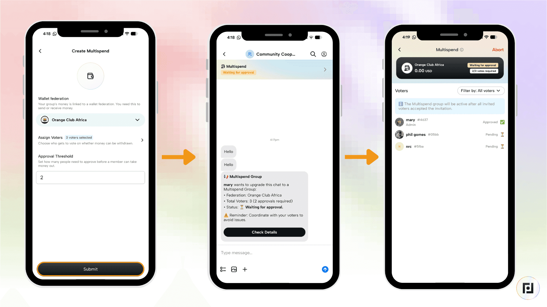 Fedi app Multispend setup showing approval threshold set to 2 and group chat displaying waiting for approval status message