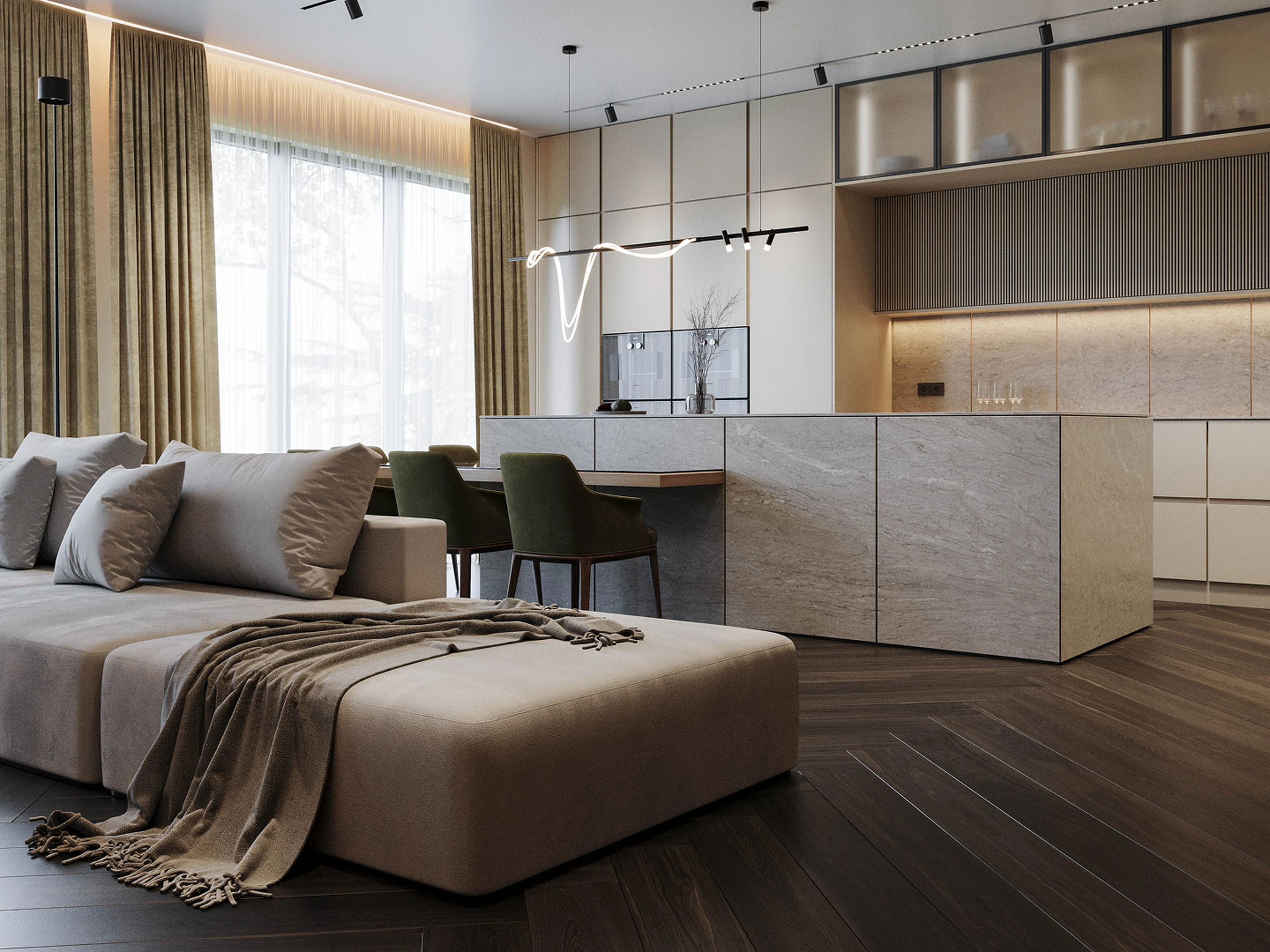 Détail — tablette en chêne et verrerie.