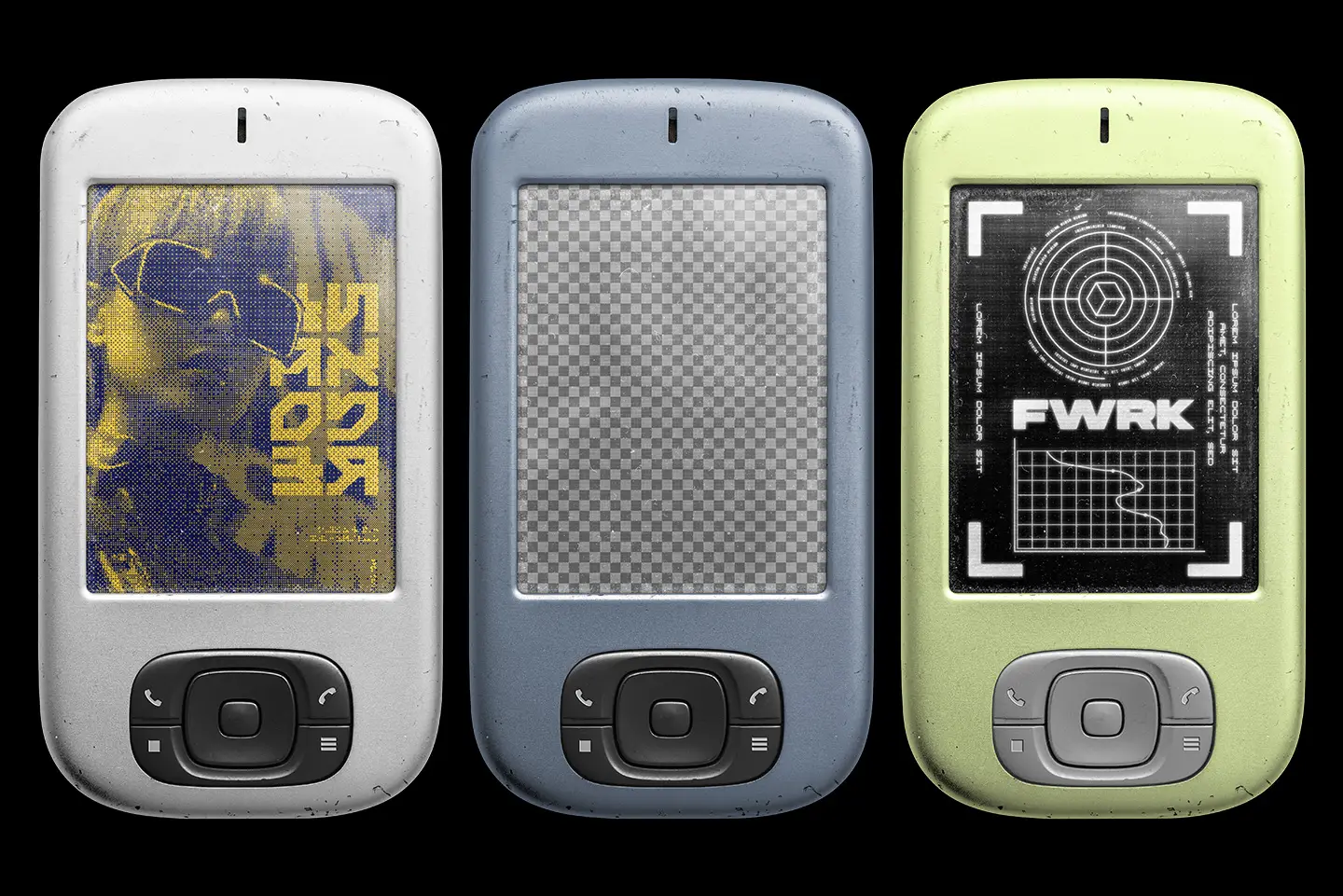 Retro smart device mockup with multiple phone color options and screen design examples