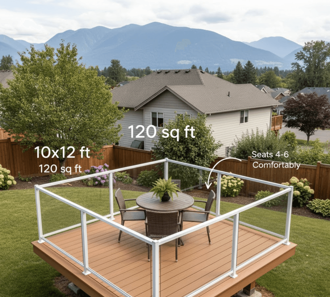 An inviting, high-angle overhead shot (or slightly elevated perspective) of a beautifully furnished small deck (approximately 10x12 feet) in the Fraser Valley. The deck should comfortably accommodate a small dining set for four, or two lounge chairs with a side table, making it clear it's functional for relaxation or dining. The railing around the deck should be frameless glass, subtly hinting at the solution discussed in the article without being the main focus.  The background should feature a typical, gently sloping Fraser Valley residential setting – perhaps some modest backyard greenery, a glimpse of another house in the distance (not too close), and a hint of mountains or hills on the horizon, reflecting the 'limited flat space' or 'smaller lot sizes'.  Crucially, the image should visually convey a sense of 'cozy but not cramped.' Subtle graphical overlays could include dimensions like '10x12 ft' or '120 sq ft' to reinforce the text's statistics, perhaps floating above the deck surface in a clean, modern font. The overall mood should be pleasant and aspirational for a small outdoor space. this is the prompt pleas emake an image