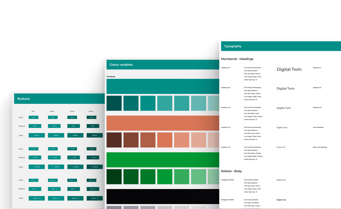 The UrbanEcho design system, showcasing foundational UI components like buttons, a color palette, and type scale.