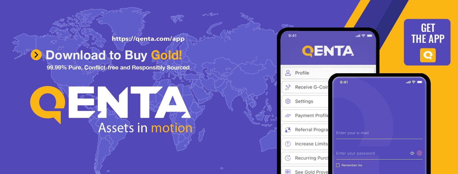 Qenta promotional banner showing the Qenta mobile app interface on two smartphones with the tagline “Download to Buy Gold” and the claim of 99.99% pure, conflict-free sourcing. Highlights Qenta’s fintech platform for digital gold and asset management.