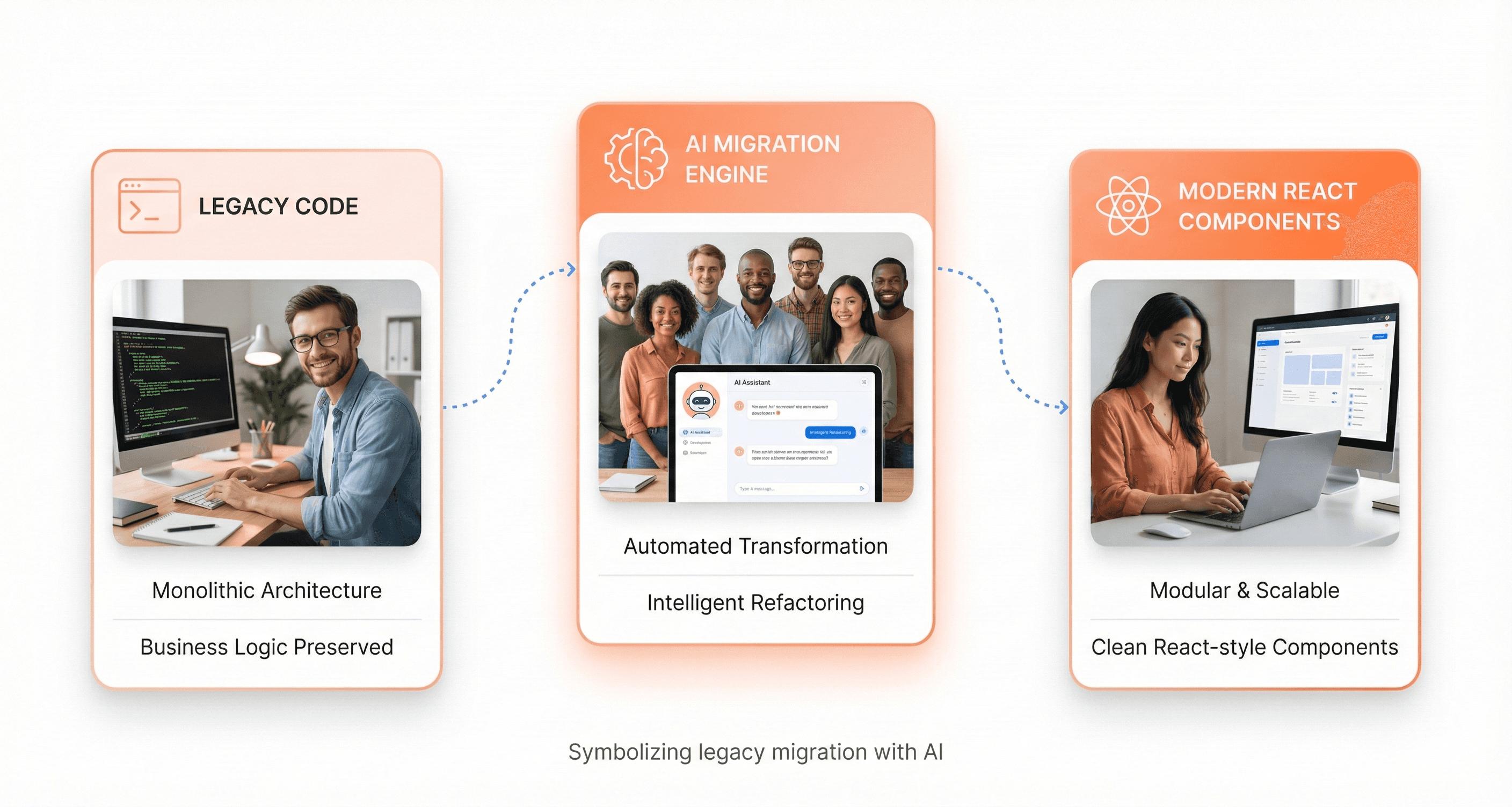 Legacy JavaScript code being transformed into modern React components, demonstrating how GPT-5.1 helps modernize enterprise applications.