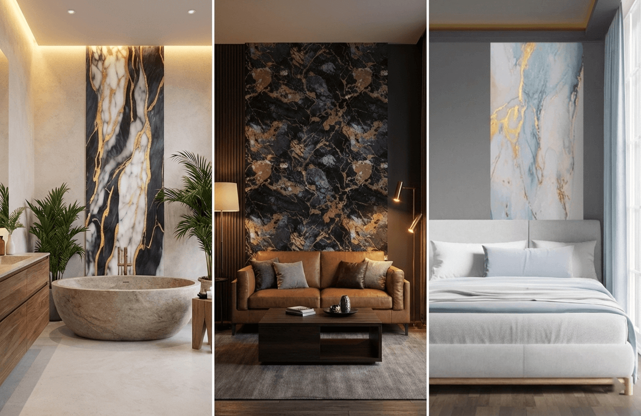 Modern bedroom with acrylic wall panel feature wall behind the bed