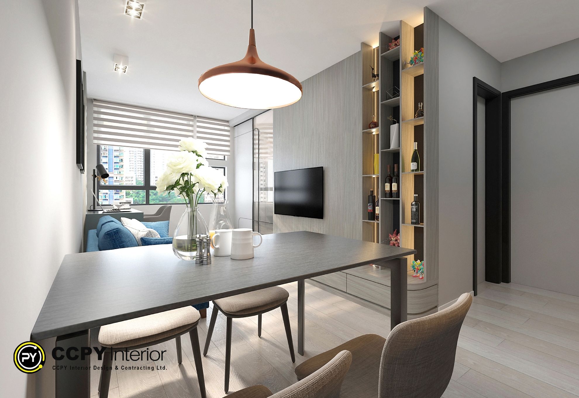 Dining area with contemporary shelving unit and TV.