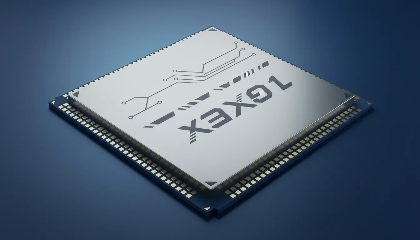 3D product render of a modern Intel Xeon server processor, high-angle close-up shot. The CPU features a brushed silver metallic heat spreader with dark grey laser-etched abstract lettering. Set against a clean dark blue gradient background with soft studio lighting that creates subtle highlights and soft shadows, emphasizing the processor's form and texture. Photorealistic, macro details, sharp focus.