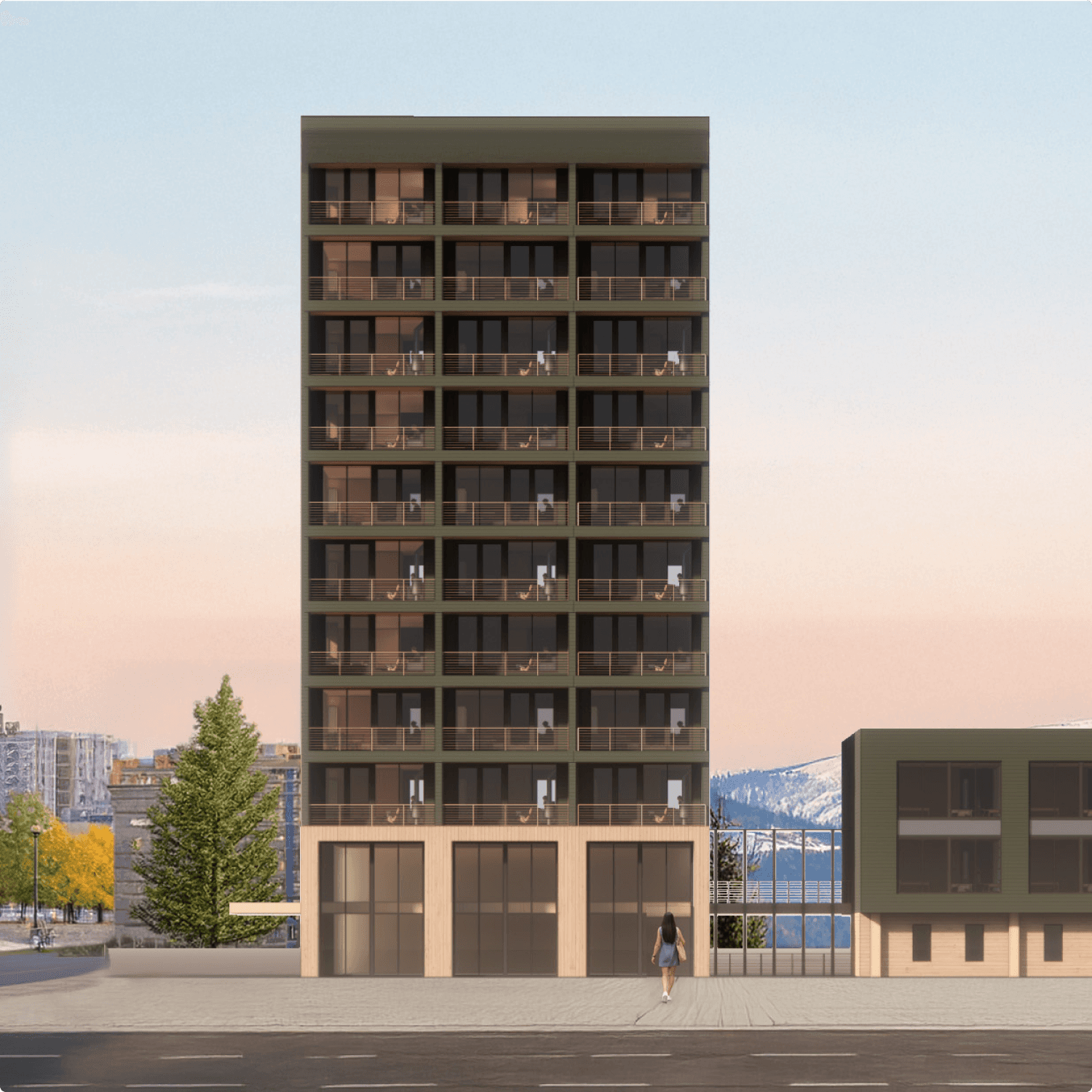 TMBR-engineered tall mass timber building with a modular facade, large windows, and a sustainable high-rise design for urban environments.