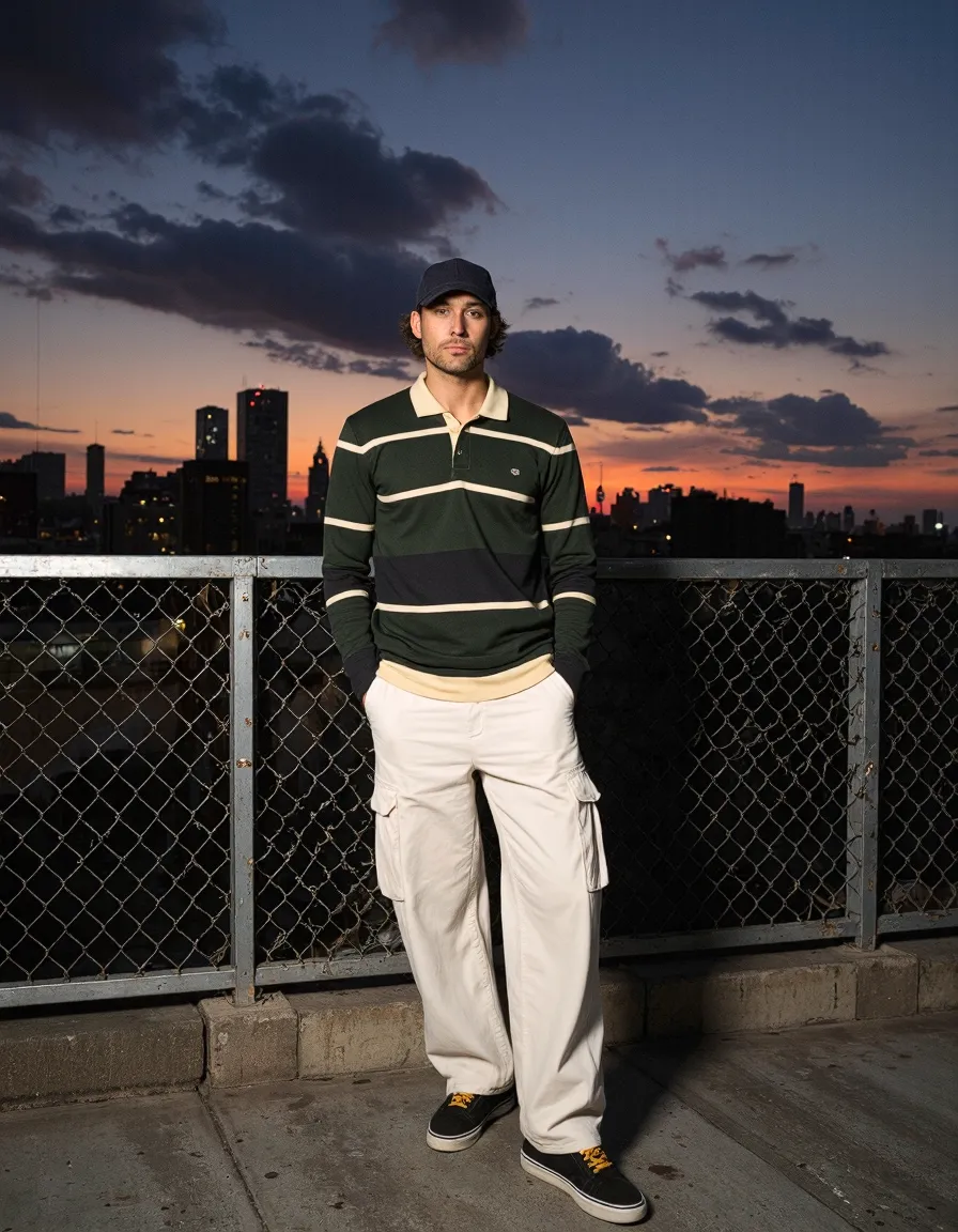 Man in striped polo and cargo pants on urban rooftop at sunset with city skyline behind