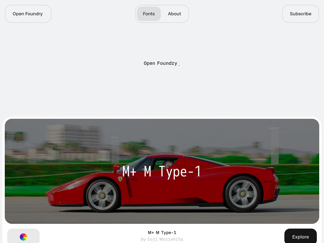 A red sports car is captured in motion against a blurred background on the Open Foundry website, highlighting their focus on free, open-source fonts with a modern and dynamic aesthetic in typography.