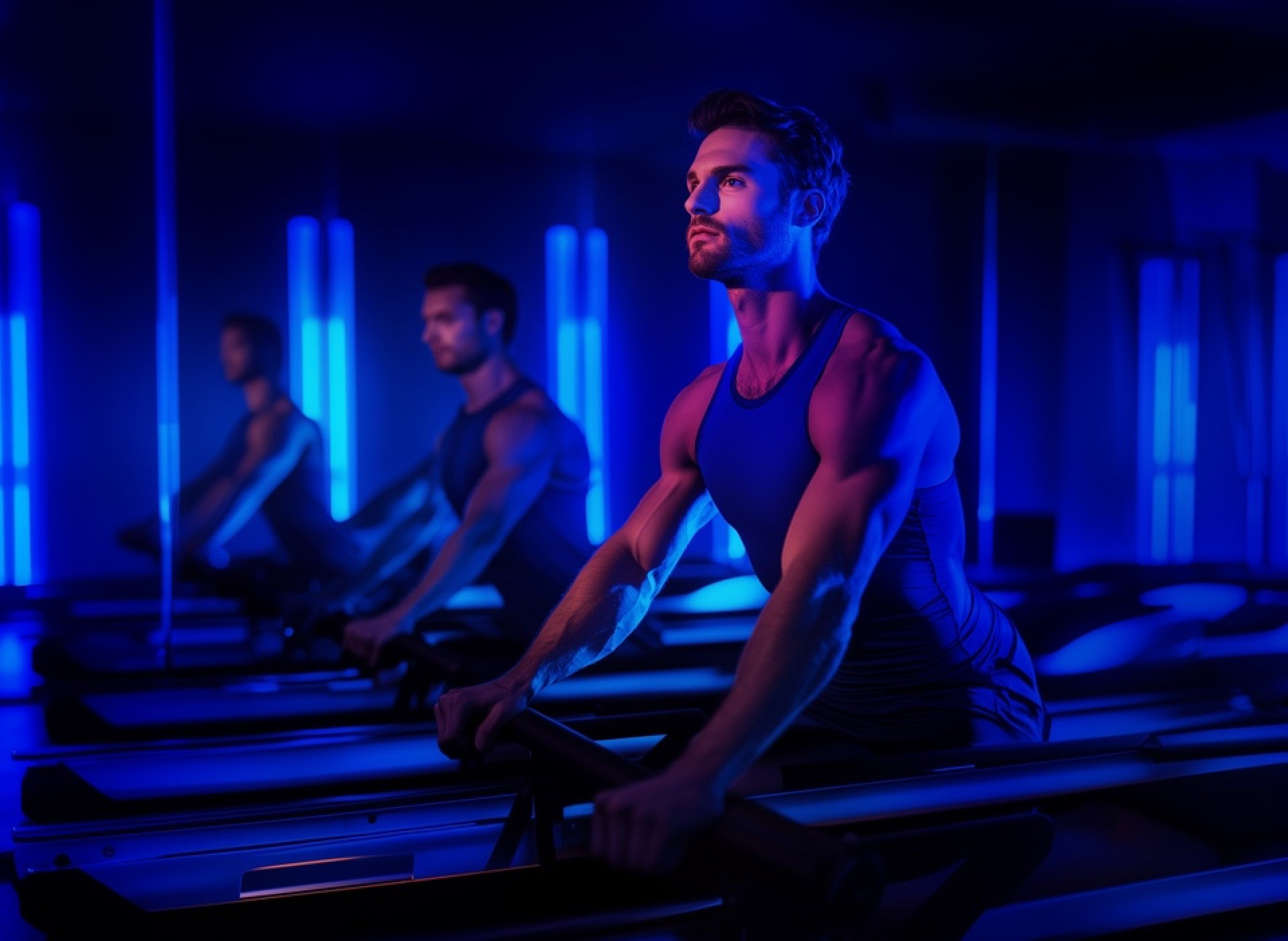 A man working out in reformer pilates class