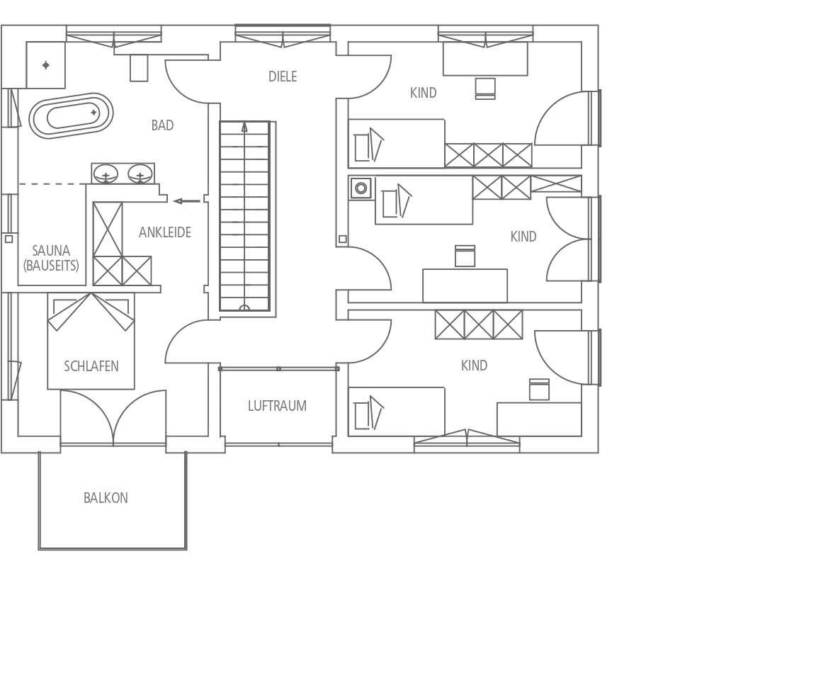 Grundriss der oberen Etage mit Schlafzimmer, Ankleidezimmer, Sauna, Bad, Diele, Luftraum und mehreren Kinderzimmern.