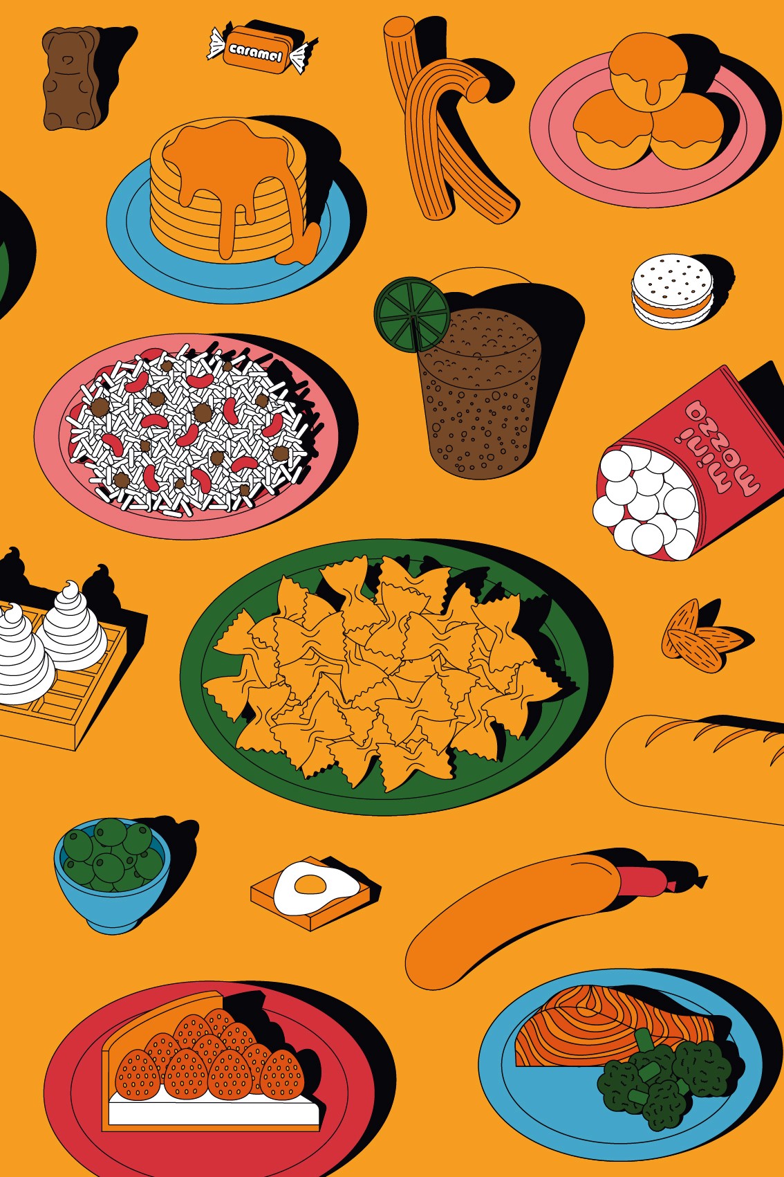 Affiche jaune avec illustrations