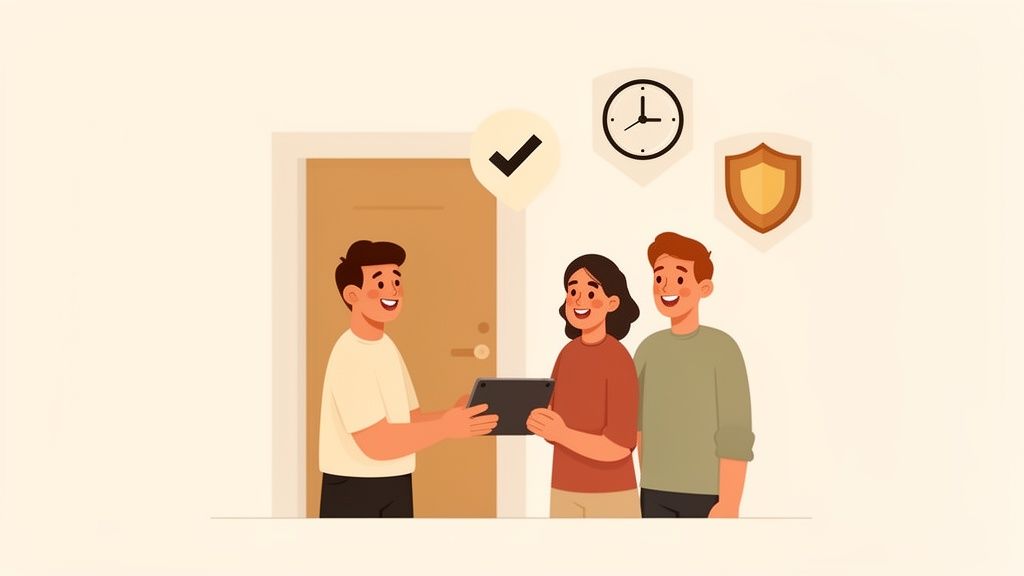 A man presents a tablet for registration to a smiling couple, with icons for check, time, and security.