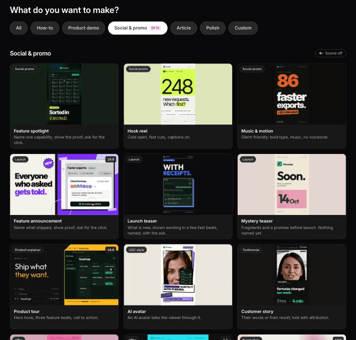 Clevera's social & promo types: feature spotlight, hook reel, music & motion, feature announcement, launch teaser, mystery teaser, product tour, AI avatar and customer story
