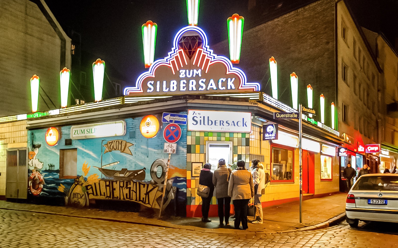 Zum Silbersack bar in St. Pauli at night, part of the Sex & Crime Tour.