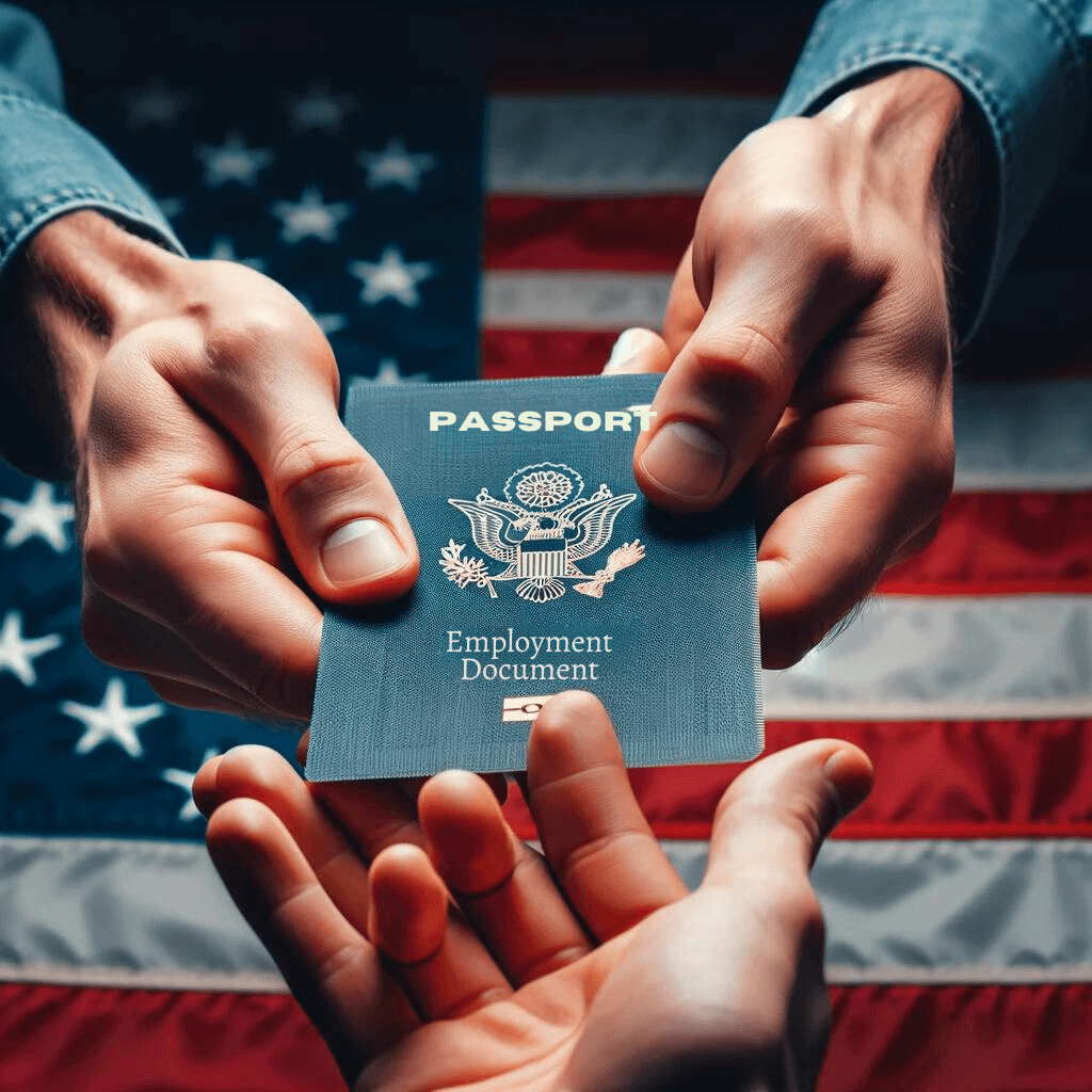 Close-up of hands exchanging an Employment Authorization Document (EAD) with the American flag in the background, symbolizing the H-4 visa work permit approval process.