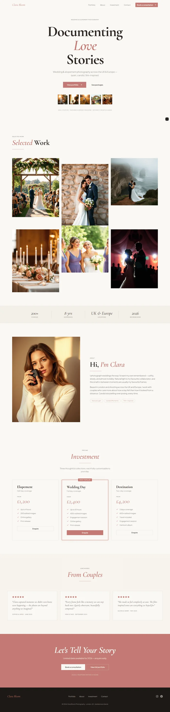 Wedding photographer website prompt full preview — warm cream #fdf8f0 background with blush rose #c97a6d accent, Cormorant Garamond 700 centered hero headline with italic rose accent word, row of five square thumbnail preview images below hero CTAs, asymmetric three-column portfolio grid with alternating aspect-ratios showing hover cream overlay with couple name, four-stat experience strip with rose dividers, and three package cards with featured middle rose border