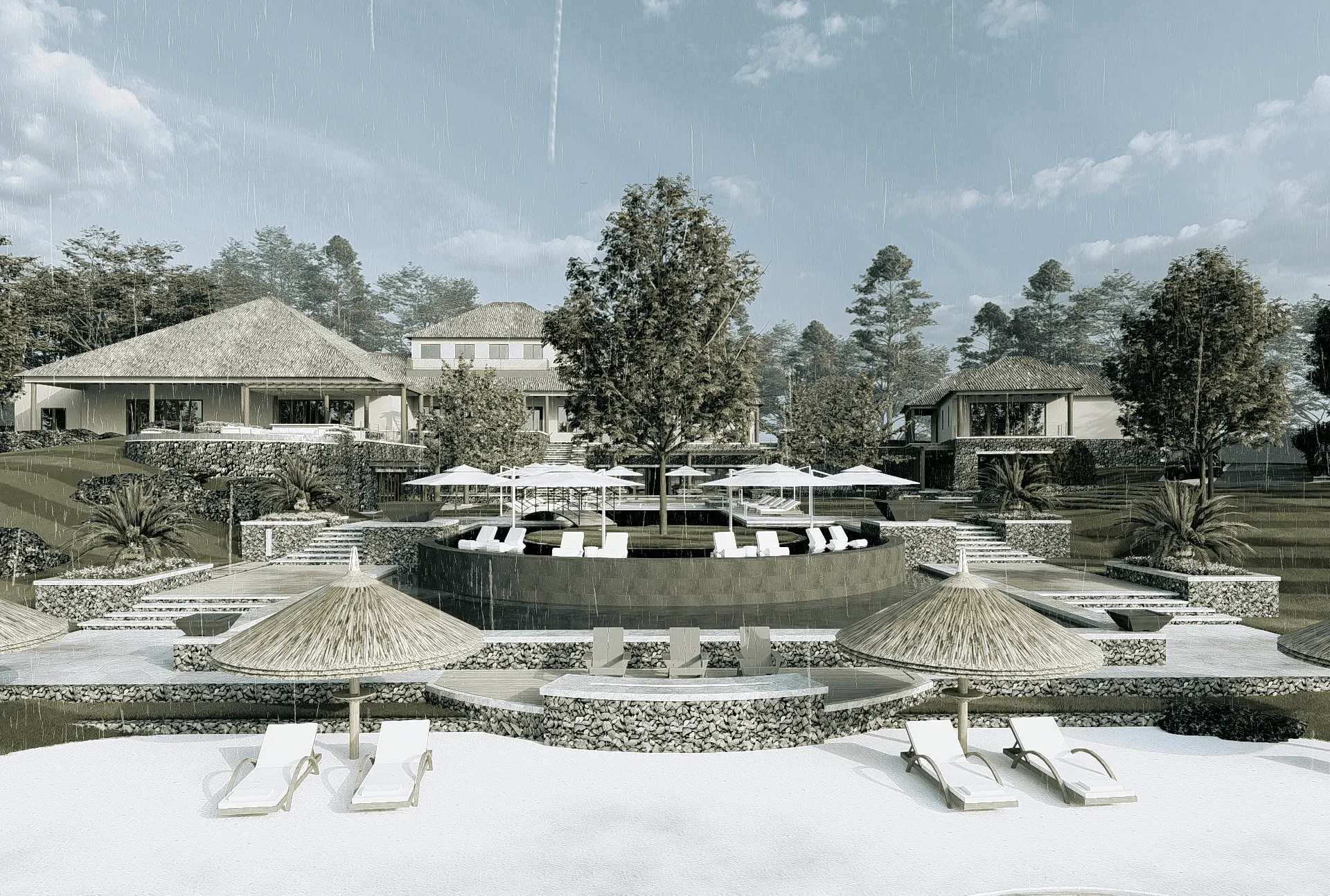 Symmetrical front yard landscape design with geometric walkway and matching planters at French country home in Park Cities Dallas
