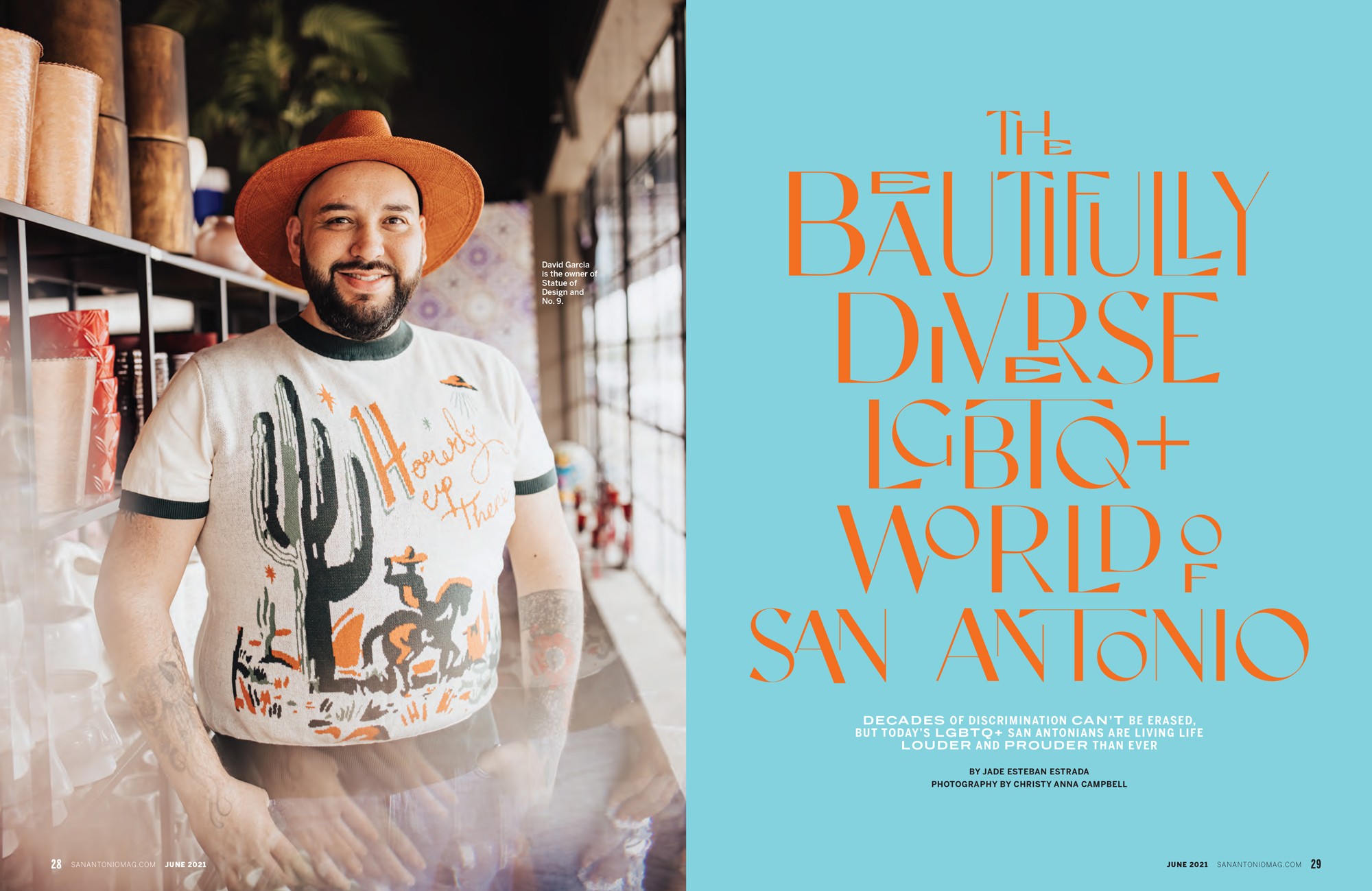 San Antonio Magazine LGBTQ+ feature spread with custom interlocking typography and vibrant portrait photography