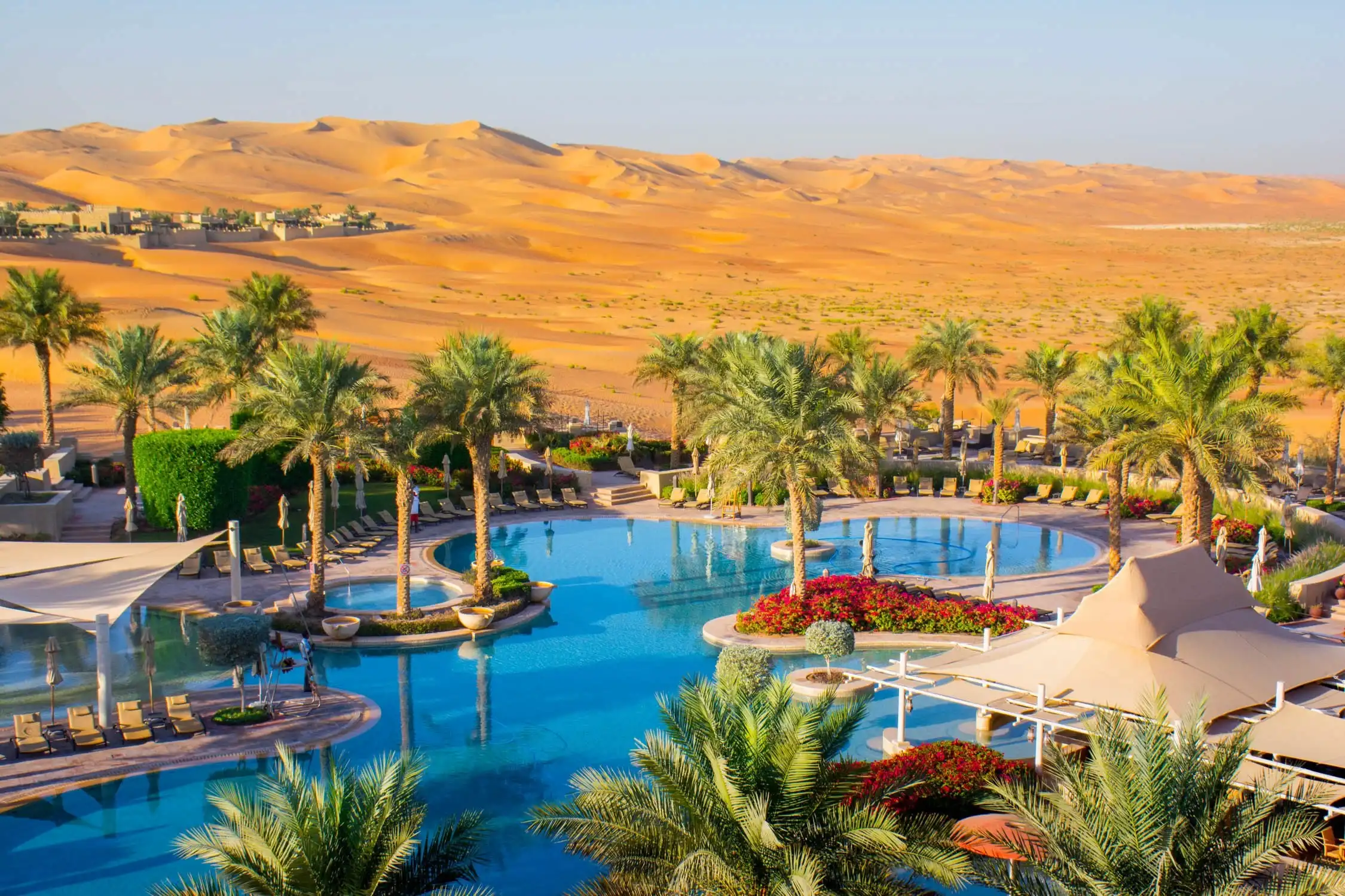 A luxury resort pool with palm trees and lounge chairs overlooks a vast desert landscape under a clear blue sky.